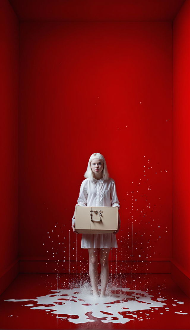 Albino teenage girl in white dress climbs out of Pandora’s box in a windowless, minimalist all-red room. It rains white opaque droplets. Raw unedited photograph in low light settings with high detail.