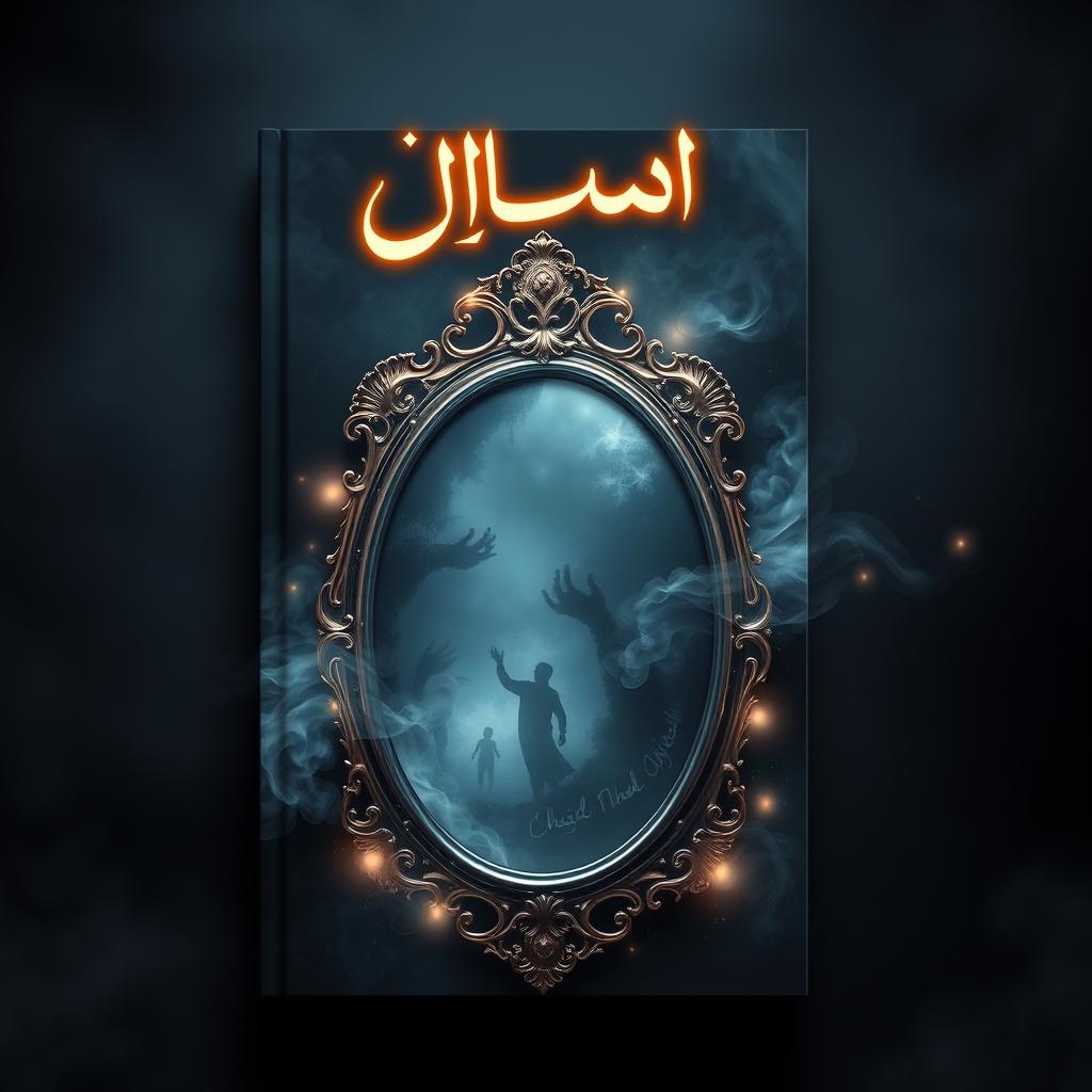 An artistic book cover for a novel titled 'مرآة الغموض' (Mirror of Mystery)