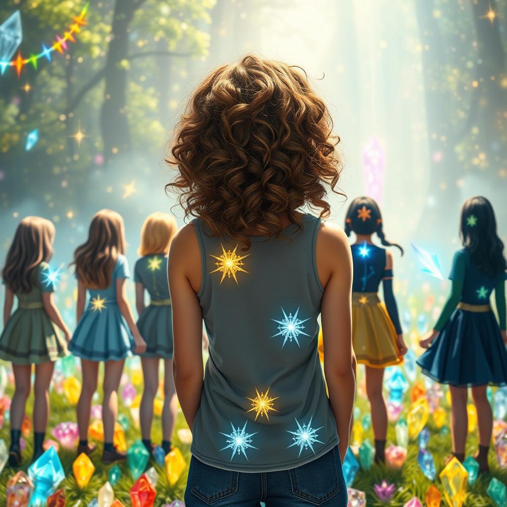 A scene depicting a teenage girl with curly hair, viewed from the back, standing in a paradise of shining crystals that grant power in the mystical world of Sandryns