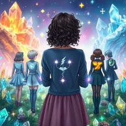 A scene depicting a teenage girl with curly hair, viewed from the back, standing in a paradise of shining crystals that grant power in the mystical world of Sandryns