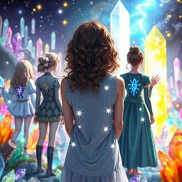 A scene depicting a teenage girl with curly hair, viewed from the back, standing in a paradise of shining crystals that grant power in the mystical world of Sandryns