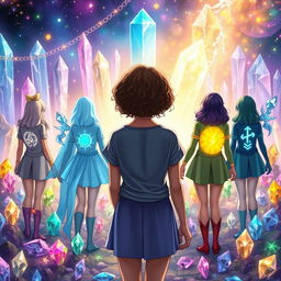 A scene depicting a teenage girl with curly hair, viewed from the back, standing in a paradise of shining crystals that grant power in the mystical world of Sandryns