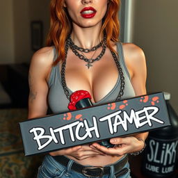 A close-up, torso shot of a sexy female redhead wearing a tank top adorned with punk chains