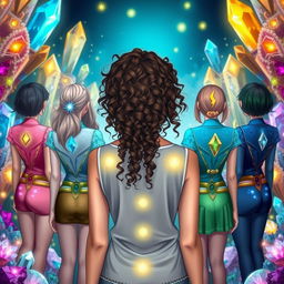 A beautiful teenage girl with curly hair, seen from behind, standing in a paradise filled with sparkling crystals that emanate mystical powers in the world of Sandryns