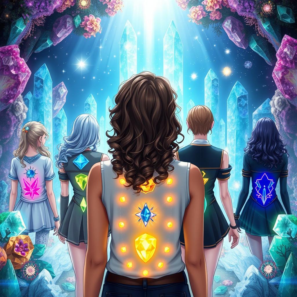 A beautiful teenage girl with curly hair, seen from behind, standing in a paradise filled with sparkling crystals that emanate mystical powers in the world of Sandryns