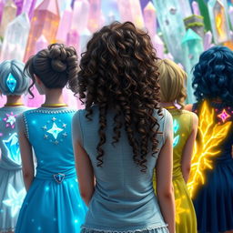 A beautiful teenage girl with curly hair, seen from behind, standing in a paradise filled with sparkling crystals that emanate mystical powers in the world of Sandryns
