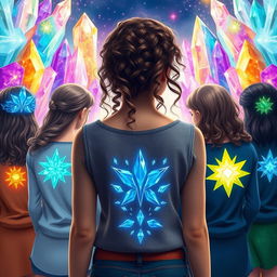 A beautiful teenage girl with curly hair, seen from behind, standing in a paradise filled with sparkling crystals that emanate mystical powers in the world of Sandryns