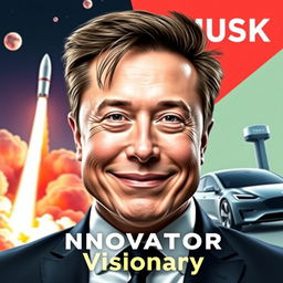 A dynamic and engaging thumbnail portrait of Elon Musk, featuring him confidently smiling with a futuristic backdrop that hints at space exploration and advanced technology