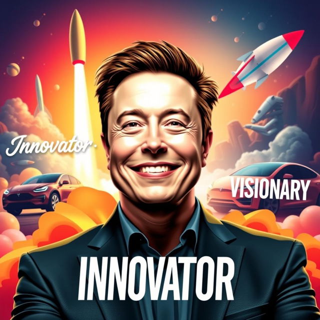 A dynamic and engaging thumbnail portrait of Elon Musk, featuring him confidently smiling with a futuristic backdrop that hints at space exploration and advanced technology