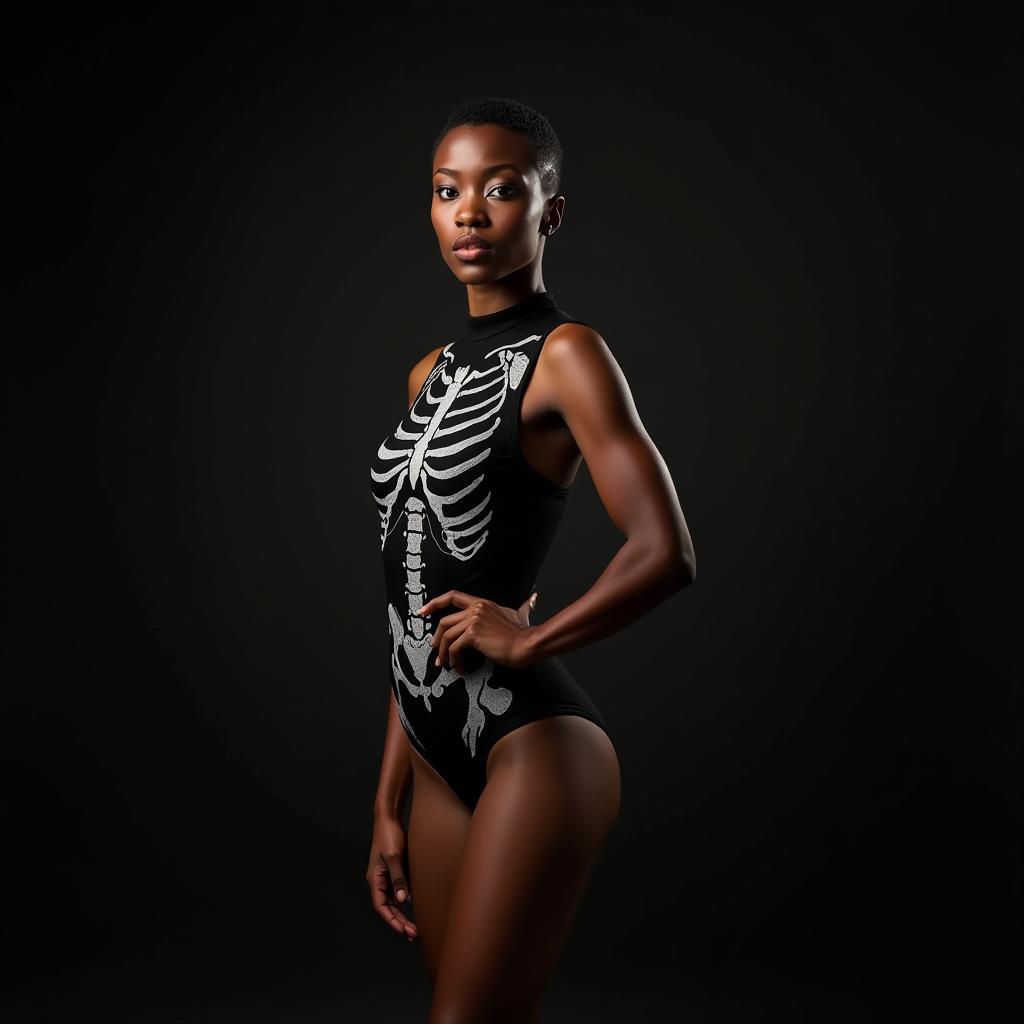 A striking Black model with deep brown skin and short cropped hair stands tall and confident, one leg slightly in front of the other to give her silhouette a powerful and commanding presence