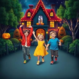 Three children joyfully walking towards a spooky yet inviting haunted house, vibrant colors illuminating the scene