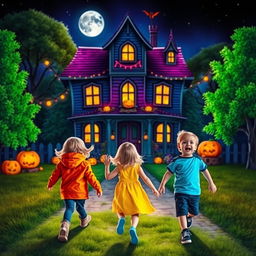 Three children joyfully walking towards a spooky yet inviting haunted house, vibrant colors illuminating the scene