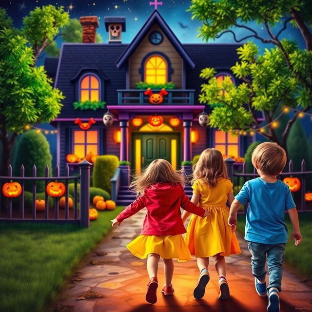 Three children joyfully walking towards a spooky yet inviting haunted house, vibrant colors illuminating the scene