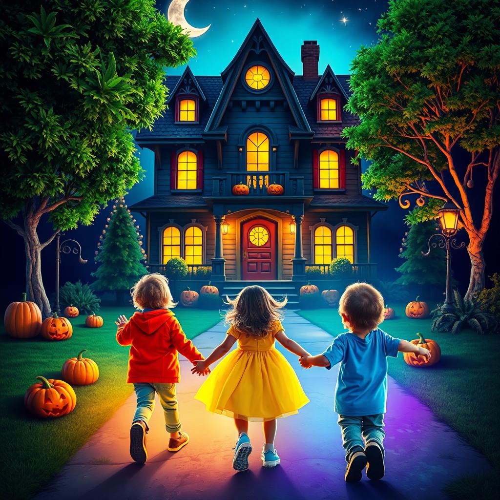 Three children joyfully walking towards a spooky yet inviting haunted house, vibrant colors illuminating the scene