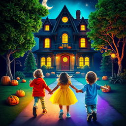 Three children joyfully walking towards a spooky yet inviting haunted house, vibrant colors illuminating the scene