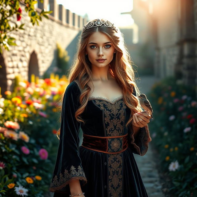 A beautiful medieval girl dressed in an intricate velvet gown, with elegant lace trimming and a corseted waist