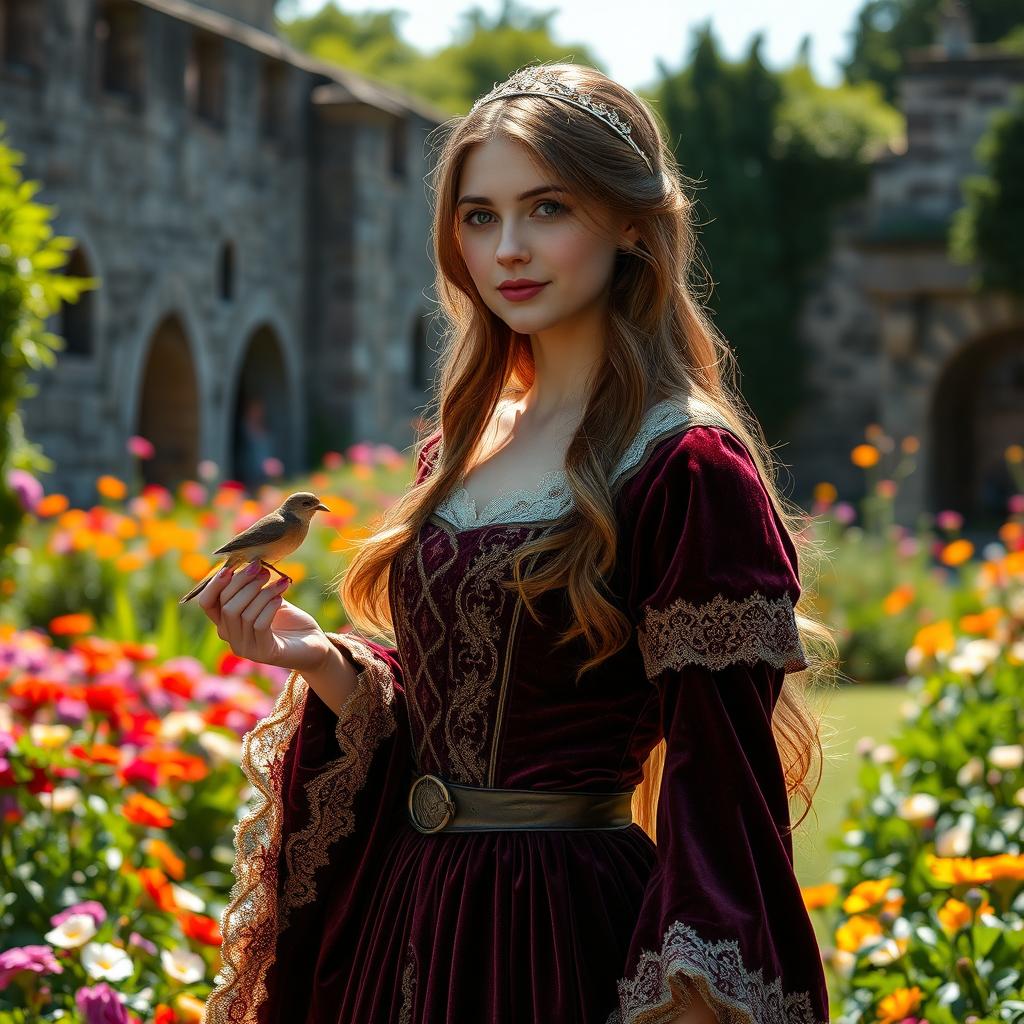 A beautiful medieval girl dressed in an intricate velvet gown, with elegant lace trimming and a corseted waist