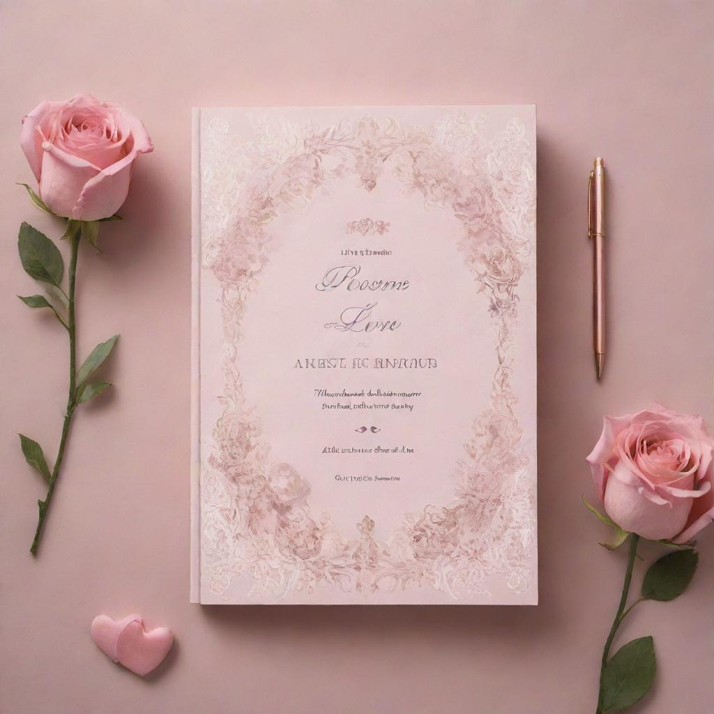 Create a romantic, dreamy book cover and background designs for a book of love poems. Incorporate elements of modern Baroque artistry, symbolic images such as floral motifs, hearts, or couples. Maintain a cohesive and dreamy aesthetic throughout.