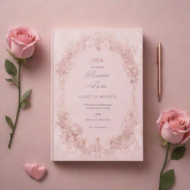 Create a romantic, dreamy book cover and background designs for a book of love poems. Incorporate elements of modern Baroque artistry, symbolic images such as floral motifs, hearts, or couples. Maintain a cohesive and dreamy aesthetic throughout.