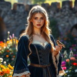 A beautiful medieval girl dressed in an intricate velvet gown, with elegant lace trimming and a corseted waist