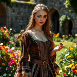 A beautiful medieval girl dressed in an intricate velvet gown, with elegant lace trimming and a corseted waist