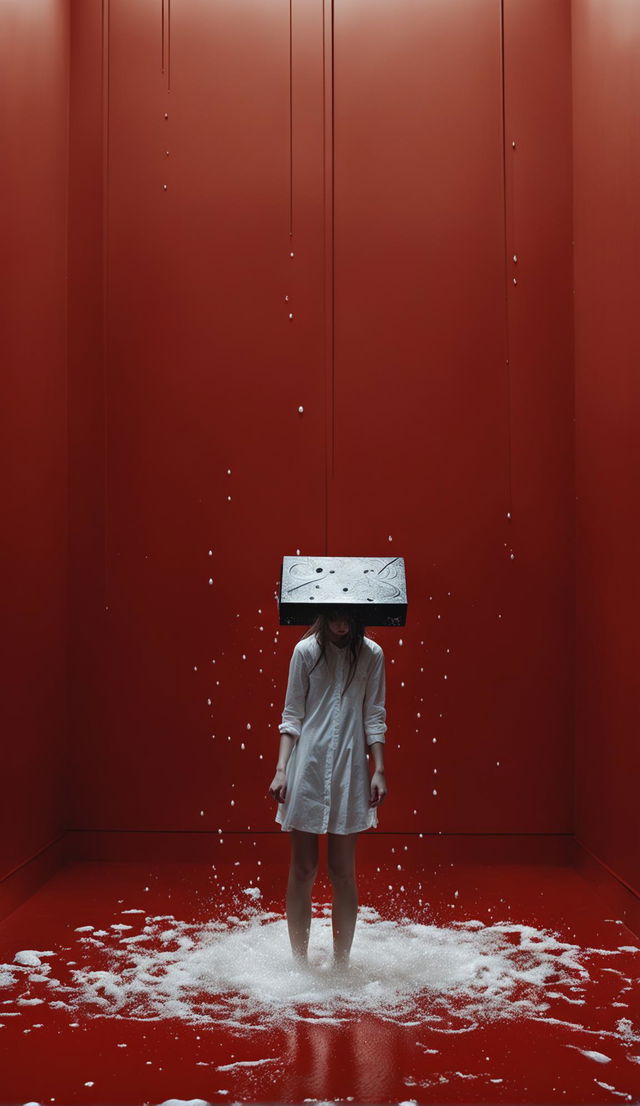 Albino teenage girl in white dress climbs out of an intricately carved black Pandora’s box in a windowless, minimalist all-red room. It rains white opaque droplets. Unnerving, spooky, and foreboding raw unedited photograph in low light settings with high detail.