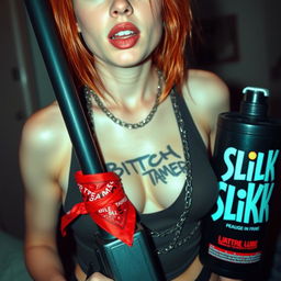 A close-up shot of a sexy female redhead with a large chest, wearing a tank top adorned with punk chains