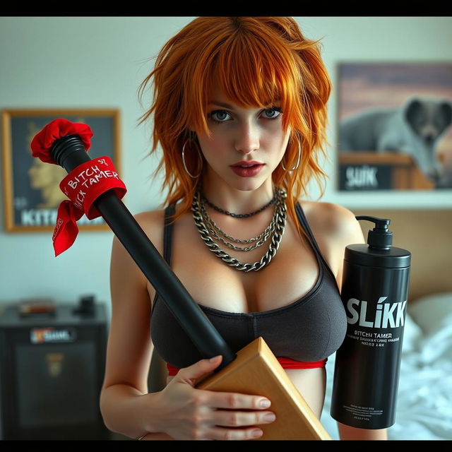 A close-up shot of a sexy female redhead with a large chest, wearing a tank top adorned with punk chains