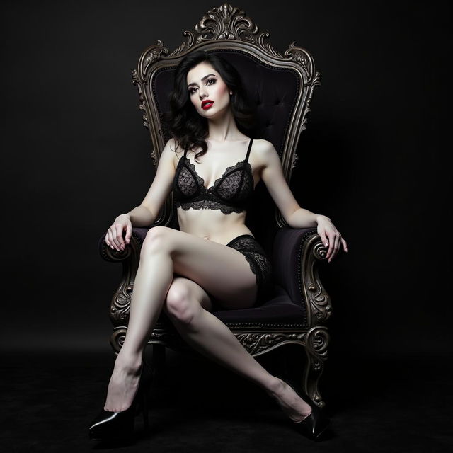 A striking white model with pale skin and bold dark red lips sits regally on an ornate throne-like chair, exuding confidence and power as she crosses her long, elegant legs