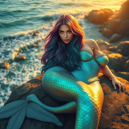 A seductive and enchanting mermaid lounging on a rocky shore, with iridescent scales shimmering in the sunlight