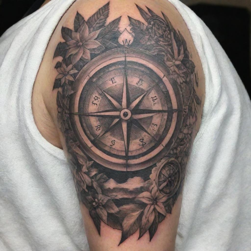 A detailed, full-sleeve tattoo featuring a large, intricate compass amidst a collection of supportive elements, carefully inked to create a blend of symbolic significance and aesthetic charm.