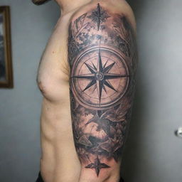 A detailed, full-sleeve tattoo featuring a large, intricate compass amidst a collection of supportive elements, carefully inked to create a blend of symbolic significance and aesthetic charm.