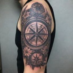 A detailed, full-sleeve tattoo featuring a large, intricate compass amidst a collection of supportive elements, carefully inked to create a blend of symbolic significance and aesthetic charm.