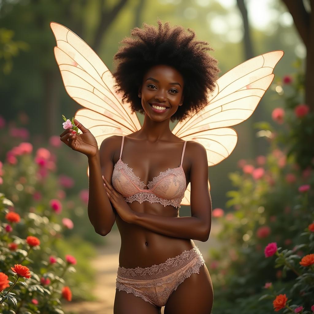 An enchanting Black model with a short afro and glowing ebony skin stands gracefully in a whimsical garden setting, surrounded by vibrant flowers and lush greenery