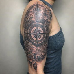 A detailed, full-sleeve tattoo featuring a large, intricate compass amidst a collection of supportive elements, carefully inked to create a blend of symbolic significance and aesthetic charm.