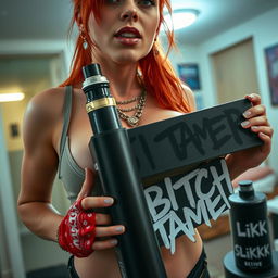 Close-up shot of a sexy female redhead with a large chest, wearing a tank top adorned with punk chains