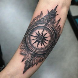 A beautifully intricate tattoo on a hand and forearm, with a majestic compass as the centerpiece, surrounded by supporting artistic elements that flow in harmony with the compass design.