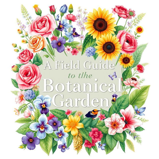 An illustrated cover design featuring a beautiful arrangement of various flowers and plants under the title 'A Field Guide to the Botanical Garden'