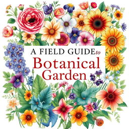 An illustrated cover design featuring a beautiful arrangement of various flowers and plants under the title 'A Field Guide to the Botanical Garden'