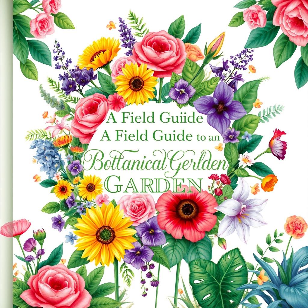 An illustrated cover design featuring a beautiful arrangement of various flowers and plants under the title 'A Field Guide to the Botanical Garden'