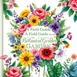 An illustrated cover design featuring a beautiful arrangement of various flowers and plants under the title 'A Field Guide to the Botanical Garden'