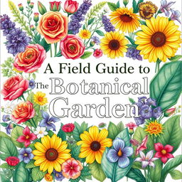 An illustrated cover design featuring a beautiful arrangement of various flowers and plants under the title 'A Field Guide to the Botanical Garden'