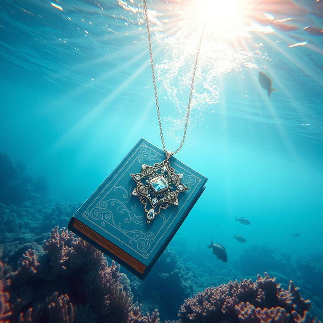 A stunning underwater scene depicting a captivating book cover featuring an intricate and elegant necklace sinking into the depths