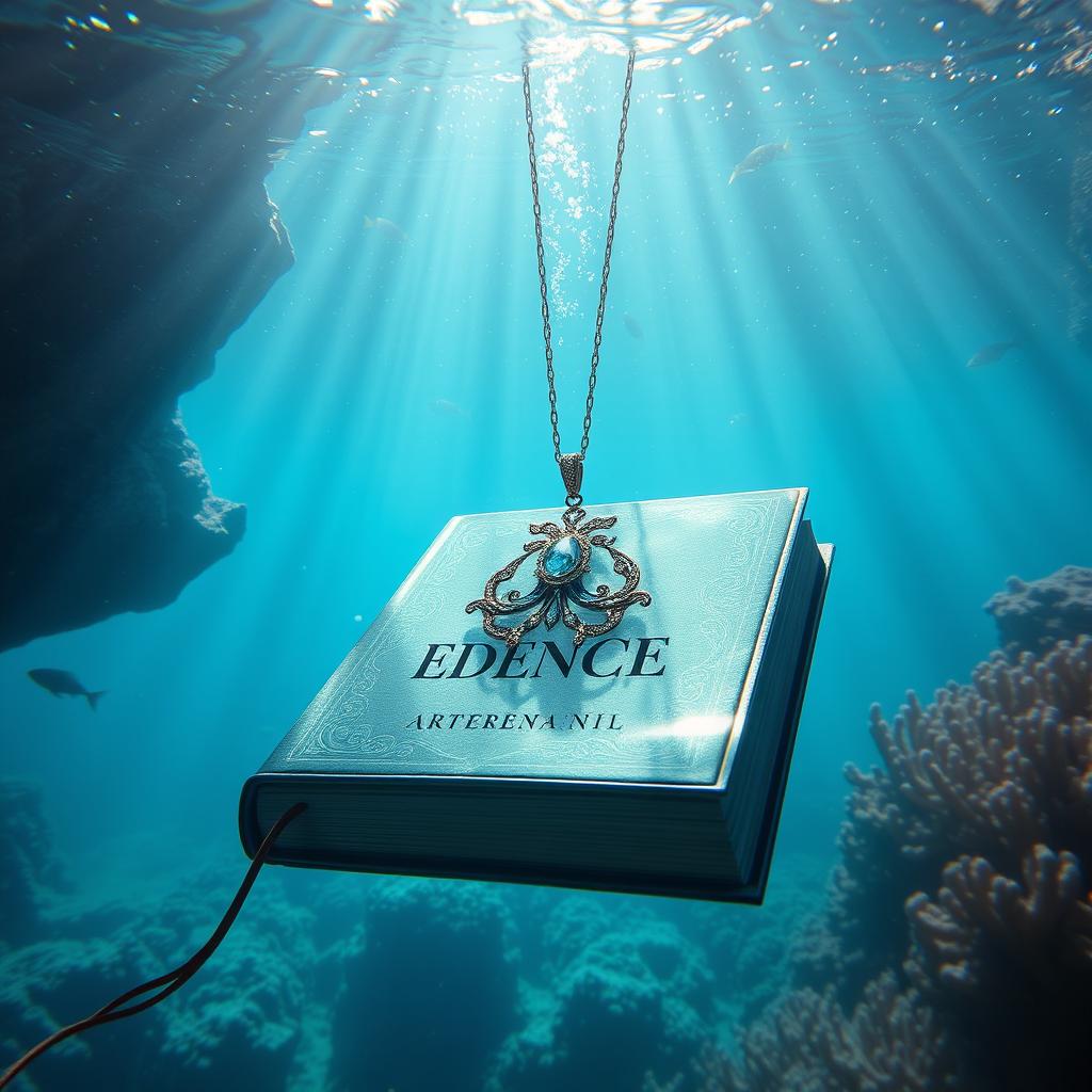 A stunning underwater scene depicting a captivating book cover featuring an intricate and elegant necklace sinking into the depths