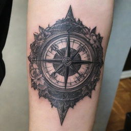 A beautifully intricate tattoo on a hand and forearm, with a majestic compass as the centerpiece, surrounded by supporting artistic elements that flow in harmony with the compass design.