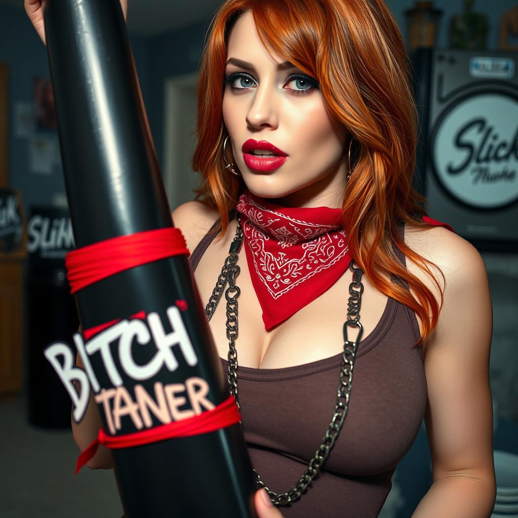 A close-up shot focusing on a sexy female redhead with a large chest wearing a tank top adorned with punk chains