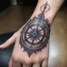 A beautifully intricate tattoo on a hand and forearm, with a majestic compass as the centerpiece, surrounded by supporting artistic elements that flow in harmony with the compass design.