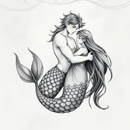 An artistic black and white illustration of a merman and a human girl embracing each other in a serene underwater setting