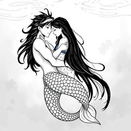 An artistic black and white illustration of a merman and a human girl embracing each other in a serene underwater setting