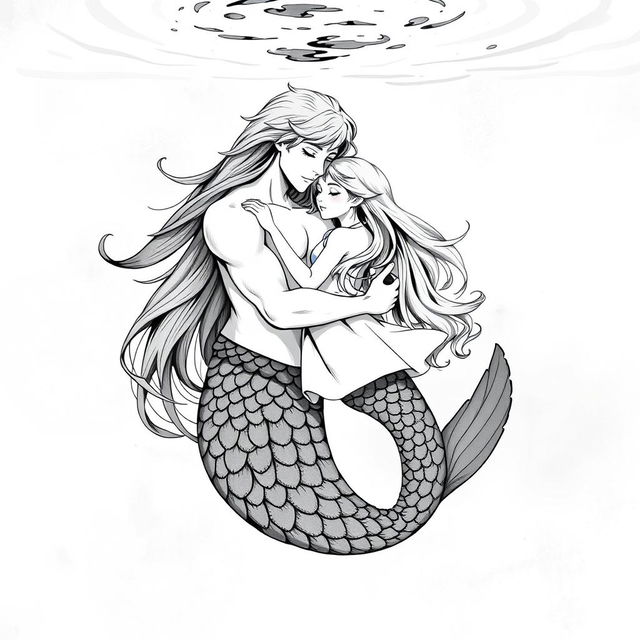 An artistic black and white illustration of a merman and a human girl embracing each other in a serene underwater setting